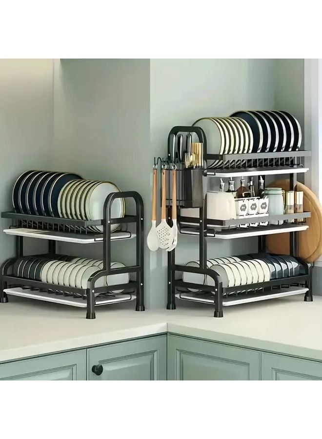 Black 3 Tier Vertical Dish Rack Heavy Duty Carbon Steel Drying Storage Organizer - Image 2